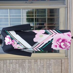 ECI Stretch Midi Sheath Dress, 3/4 sleeve, back zip, rose pattern,  stripes